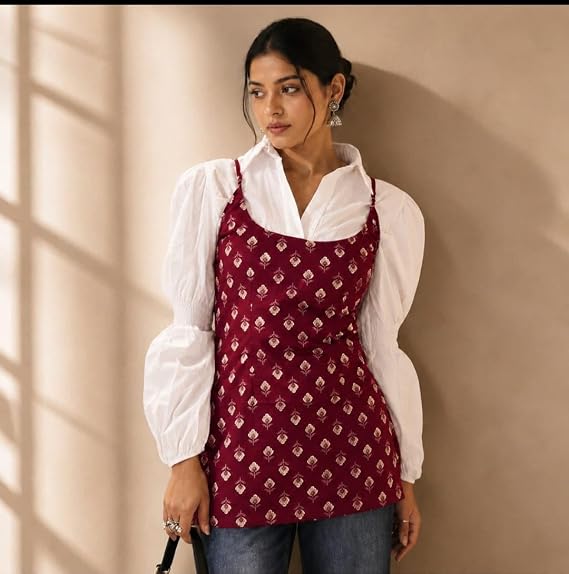 vedanya's Women's Block Printed Cotton Full Sleeves Stylish 2 in 1 Short Kurti with Detachable Shrug - Image 2