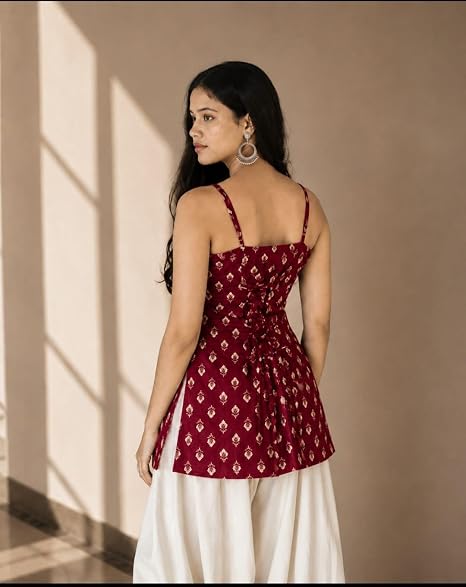 vedanya's Women's Block Printed Cotton Full Sleeves Stylish 2 in 1 Short Kurti with Detachable Shrug - Image 3