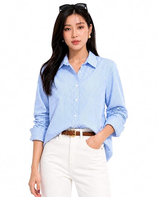Women Formal Striped Shirt Cotton Blend Office Wear Full Sleeve Button Down Professional Workwear Business Casual Regular Fit Ladies Top - Image 3