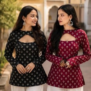 vedanya's Women's Block Printed Cotton Full Sleeves Stylish 2 in 1 Short Kurti with Detachable Shrug