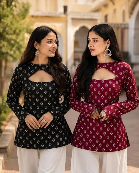 vedanya’s Women’s Block Printed Cotton Full Sleeves Stylish 2 in 1 Short Kurti with Detachable Shrug