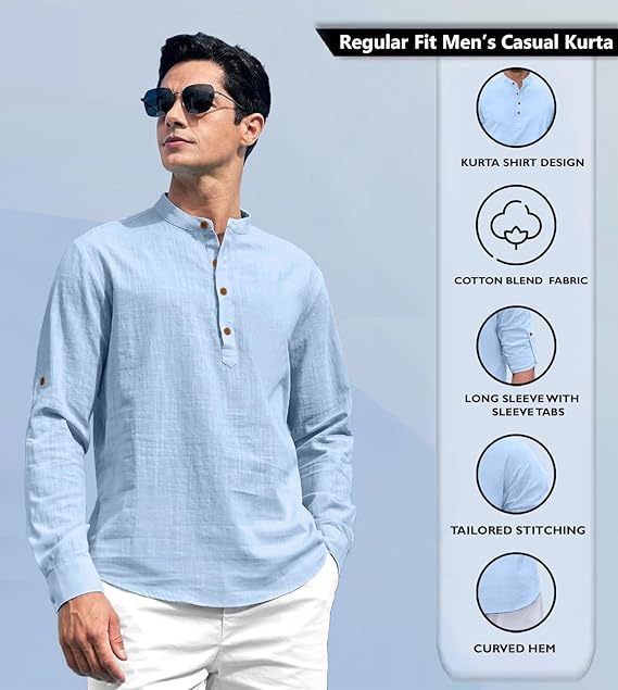 Zombom Cotton Polyester Blend Solid Casual Regular Fit Mandarin/Chinese Collor Short Kurta for Men - Image 3