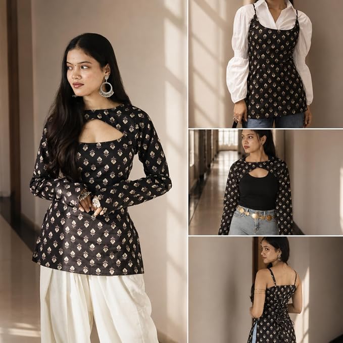 vedanya's Women's Block Printed Cotton Full Sleeves Stylish 2 in 1 Short Kurti with Detachable Shrug - Image 6