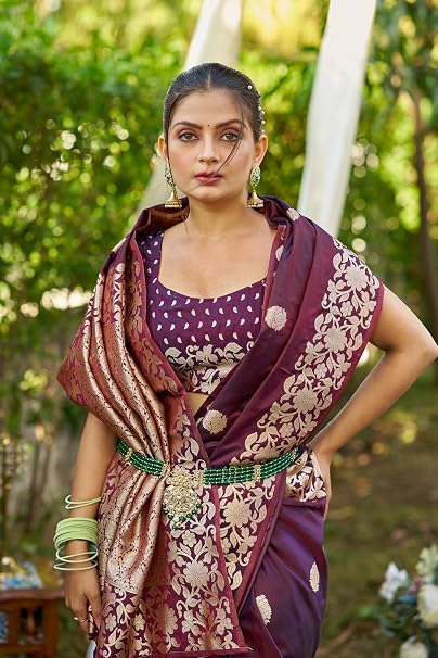 SWORNOF Women's kanjivaram banarasi silk saree Zari Woven for festival Wedding silk with rich pallu Design sarees for women with Unstitched blouse piece - Image 6
